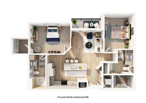 Floor plan for 2 beds, 2 baths, 1081 sqft